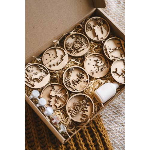 новорічні дерев’яні 3d прикраси — набір з 10 шарових іграшок для ялинки